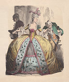 Lady in hoop skirt, Rococo era, hand-colored woodcut, published c.1880