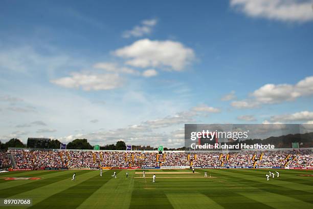 General view as Stuart Broad of England bowls during day two of the npower 4th Ashes Test Match between England and Australia at Headingley Carnegie...