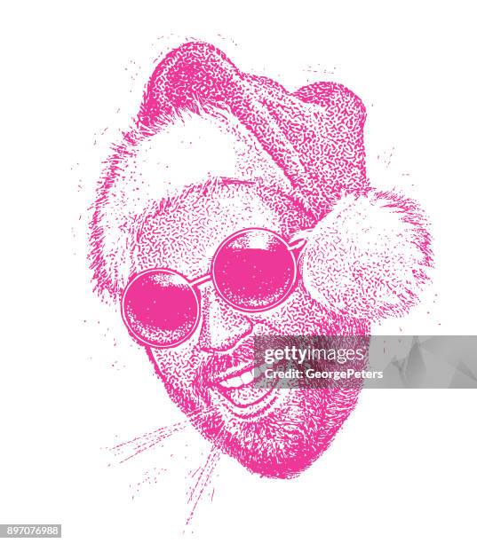 young bearded hipster wearing santa hat talking - christmas in different languages stock illustrations