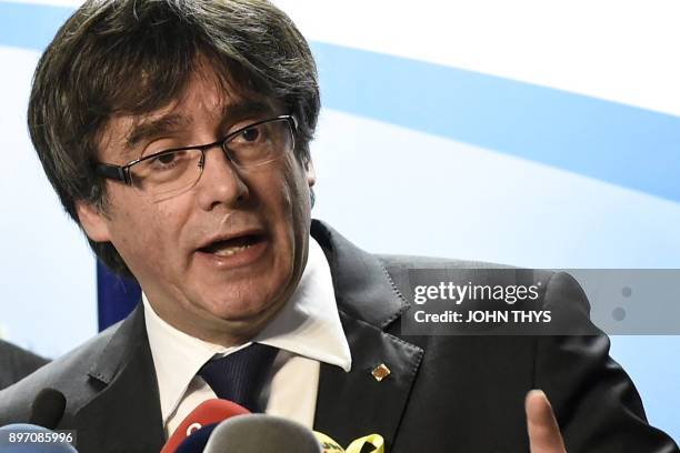 Axed Catalan president Carles Puigdemont gives a press conference on December 22, 2017 in Brussels, a day after the Catalonia's regional election....