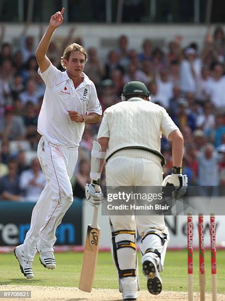 Stuart Broad of England celebrates the wicket of Peter Siddle of Australia during day two of the npower 4th Ashes Test Match between England and...