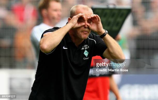 Thomas Schaaf, head coach of Bremen reacts during the Bundesliga match between Werder Bremen and Eintracht Frankfurt at the Weser stadium on August...