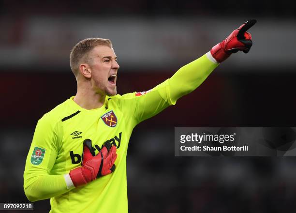 Joe Hart of Mancheater City shouts instructions during the Carabao Cup quarter final match between Arsenal and West Ham United at Emirates Stadium on...