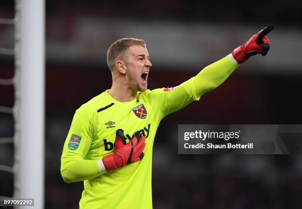 Joe Hart of Mancheater City shouts instructions during the Carabao Cup quarter final match between Arsenal and West Ham United at Emirates Stadium on...