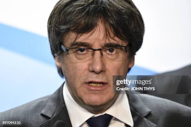 Axed Catalan president Carles Puigdemont gives a press conference on December 22, 2017 in Brussels, a day after the Catalonia's regional election....