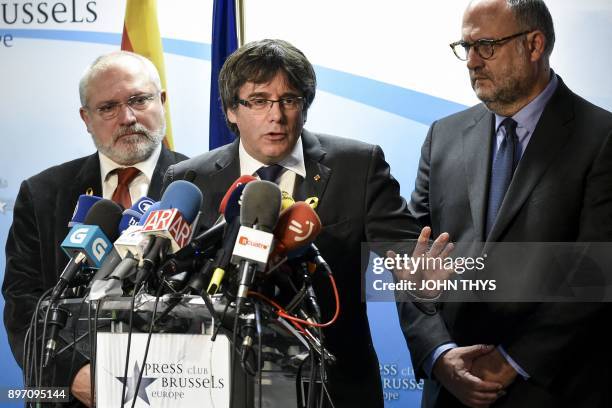 Axed Catalan president Carles Puigdemont gives a press conference on December 22, 2017 in Brussels, a day after the Catalonia's regional election....