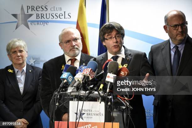 Axed Catalan president Carles Puigdemont gives a press conference on December 22, 2017 in Brussels, a day after the Catalonia's regional election....