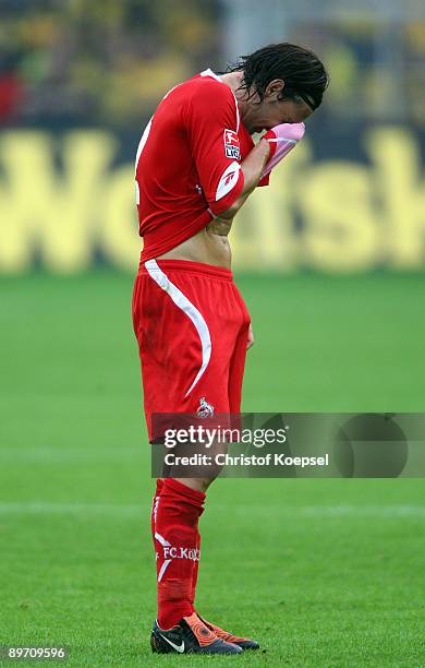 Maniche of Koeln looks dejected after losing 0-1 the Bundesliga match between Borussia Dortmund and 1. FC Koeln at the Signal Iduna Park on August 8,...