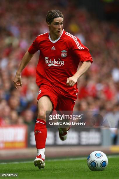 Fernando Torres of Liverpool in action during the friendly match between Liverpool and Atletico Madrid at Anfield on August 8, 2009 in Liverpool,...
