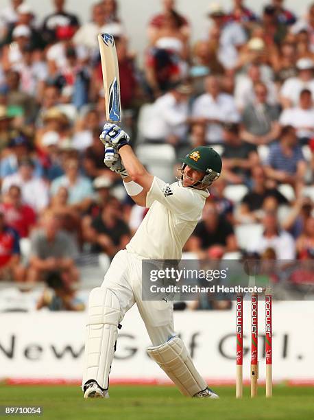 Marcus North of Australia plays the shot which led to his dismissal off the bowling of Stuart Broad of England during day two of the npower 4th Ashes...