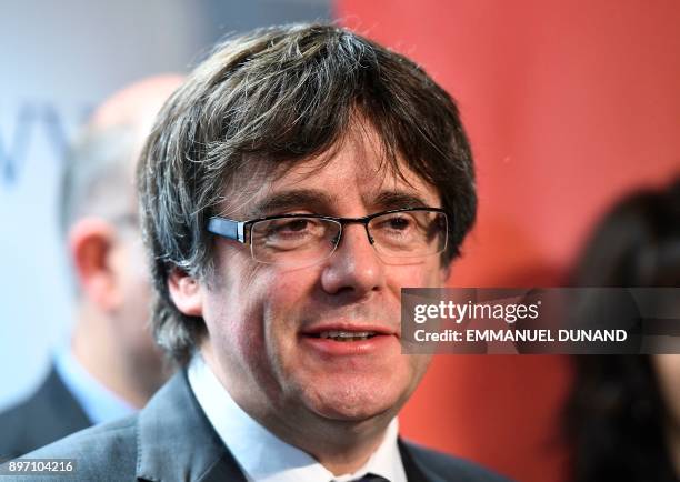 Axed Catalan president Carles Puigdemont gives a press conference on December 22, 2017 in Brussels, a day after the Catalonia's regional election....