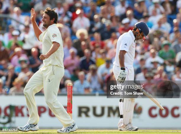 Ben Hilfenhaus of Australia celebrates the wicket of Ravi Bopara of England during day two of the npower 4th Ashes Test Match between England and...