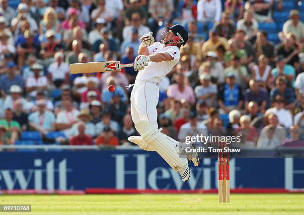 Paul Collingwood of England is hit by a bouncer from Mitchell Johnson of Australia during day two of the npower 4th Ashes Test Match between England...