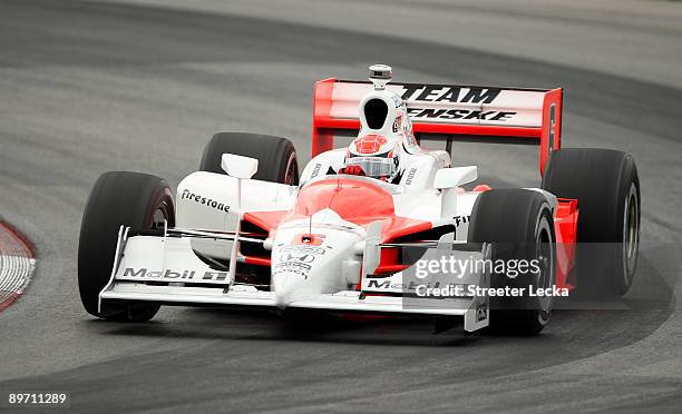 Ryan Briscoe drives the Team Penske Dallara Honda during practice for the IRL IndyCar Series The Honda Indy 200 at the Mid-Ohio Sports Car Course on...