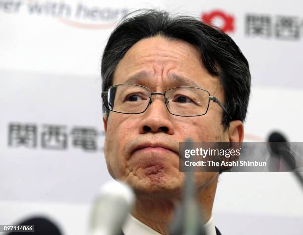 Kansai Electric Power President Shigeki Iwane speaks during a press conference on decommission of its Oi Nuclear Power Plant at the company...