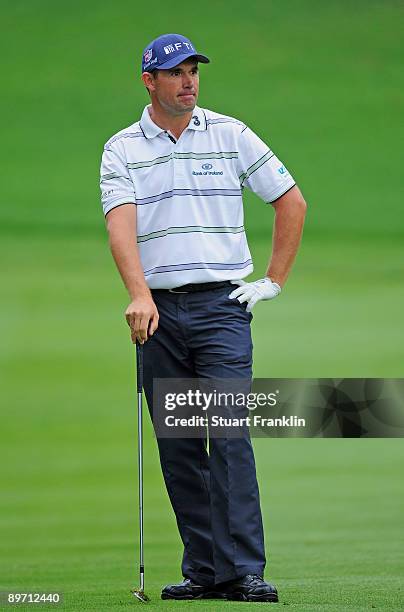 Padraig Harrington of Ireland watches his approach shot on the 16th hole during the third round of the World Golf Championship Bridgestone...