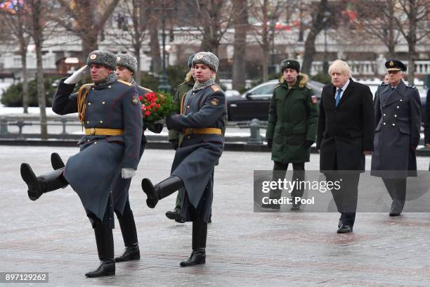 British Foreign Secretary Boris Johnson during a wreath-laying ceremony at the Tomb of the Unknown Soldieron December 22, 2017 in Moscow, Russia....