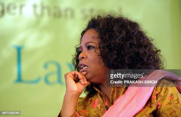 Television talk show host Oprah Winfrey converses with Indian Journalist Barkha Dutt during the DSC Jaipur Literature Festival in Jaipur on January...