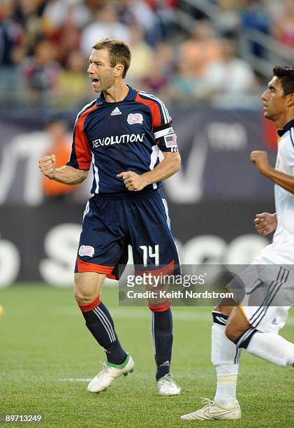 Steve Ralston of the New England Revolution celebrates his goal on a penalty kick against the Los Angeles Galaxy August 8, 2009 at Gillette Stadium...