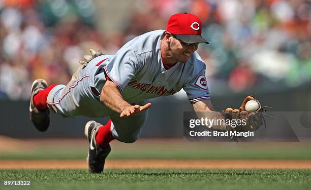 Adam Rosales of the Cincinnati Reds drops a pop up against the San Francisco Giants during the game at AT&T Park on August 8, 2009 in San Francisco,...