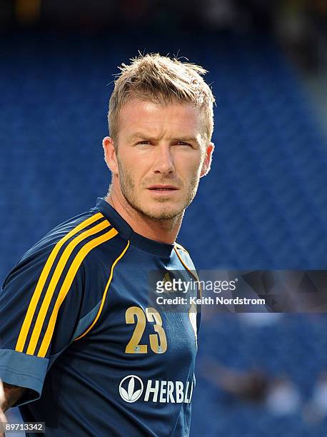 David Beckham of the Los Angeles Galaxy during warmups prior to match against the New England Revolution August 8, 2009 at Gillette Stadium in...