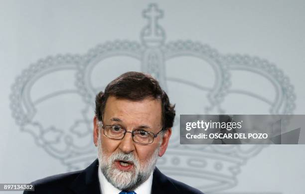 Spanish Prime Minister Mariano Rajoy gives a press conference one day after the Catalan regional elections, at La Moncloa Palace in Madrid, on...