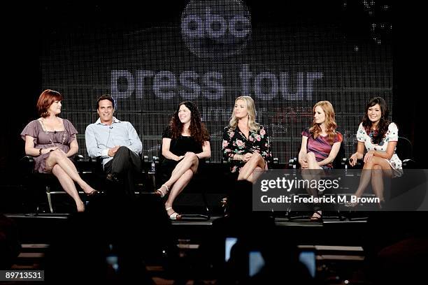 Actors Sara Rue, Paul Gross, writer Maggie Friedman, actors Rebecca Romijn, Jamie Ray Newman, and Lindsay Price of the television show "Eastwick"...