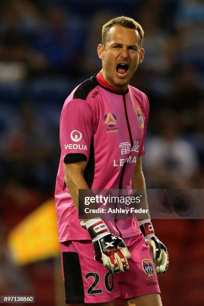 Glen Moss of the Jets reacts during the round 12 A-League match between the Newcastle Jets and the Western Sydney Wanderers at McDonald Jones Stadium...