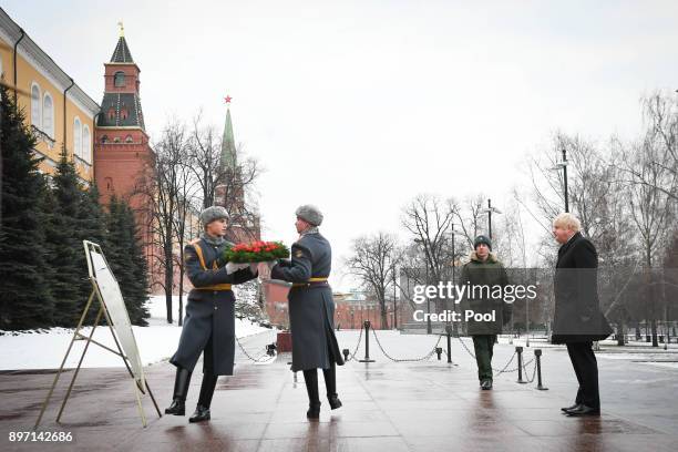 British Foreign Secretary Boris Johnson during a wreath-laying ceremony at the Tomb of the Unknown Soldieron December 22, 2017 in Moscow, Russia....