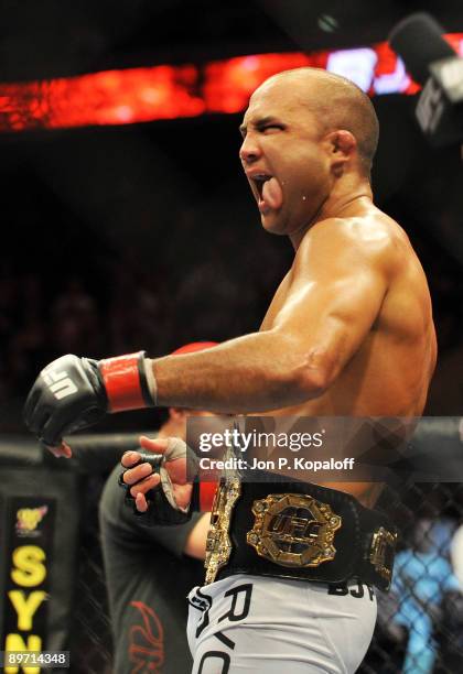 Lightweight champion BJ Penn celebrates after winning the lightweight championship title bout against Kenny Florian at UFC 101: Declaration at the...