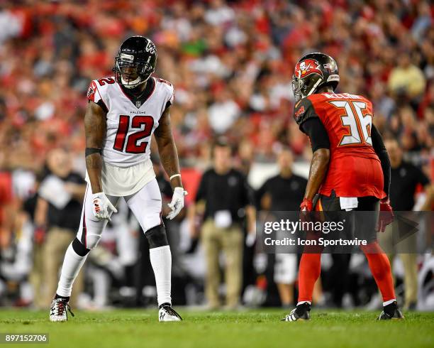 Atlanta Falcons wide receiver Mohamed Sanu is lined up against Tampa Bay Buccaneers cornerback Robert McClain during an NFL game between the Atlanta...