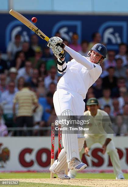 Stuart Broad of England gets some runs during day three of the npower 4th Ashes Test Match between England and Australia at Headingley Carnegie...