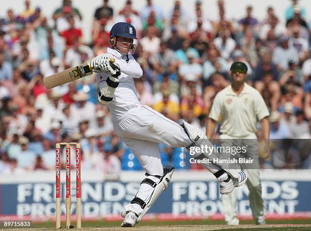 Stuart Broad of England hits out during day three of the npower 4th Ashes Test Match between England and Australia at Headingley Carnegie Stadium on...