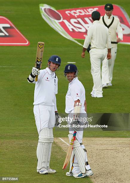 Stuart Broad of England acknowledges his half century with Graeme Swann during day three of the npower 4th Ashes Test Match between England and...