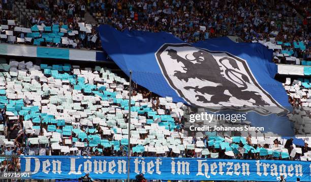 Supporters of Muenchen show their flag ahead of the Second Bundesliga match between 1860 Muenchen and TuS Koblenz at the Allianz Arena on August 9,...