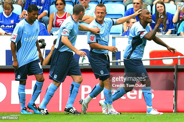 Clinton Morrison of Coventry City celebrates scoring the opening goal during the Coca-Cola Championship match between Coventry City and Ipswich Town...