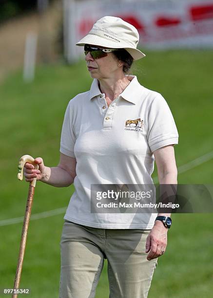 Princess Anne, The Princess Royal uses a walking stick as she strolls around The Festival of British Eventing held on her country estate at Gatcombe...