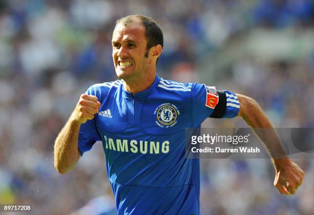 Ricardo Carvalho of Chelsea celebrates as he scores their first goal during the FA Community Shield match between Manchester United and Chelsea at...