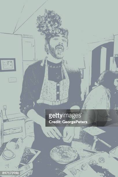 transgender man baking cookies and wearing mistletoe headband - gay christmas stock illustrations