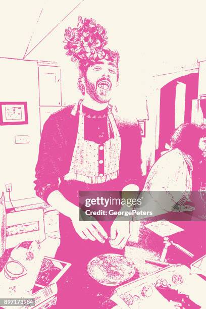 transgender man baking cookies and wearing mistletoe headband - baking sheet stock illustrations