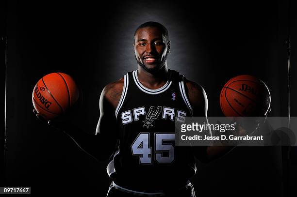 DeJuan Blair of the San Antonio Spurs poses for a portrait during the 2009 NBA Rookie Photo Shoot on August 9, 2009 at the MSG Training Facility in...