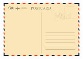 Vintage postcard template. Retro airmail envelope with stamp, airplane and globe