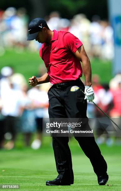 Tiger Woods reacts to a shot on the 2nd hole during the final round of the WGC-Bridgestone Invitational on the South Course at Firestone Country Club...