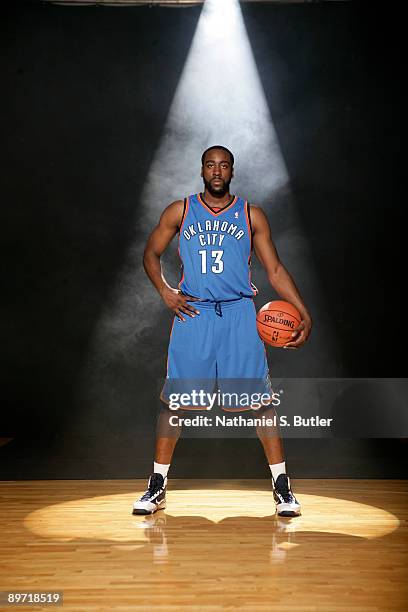 James Harden of the Oklahoma City Thunder poses during the 2009 NBA rookie portrait shoot at the MSG training facility August 9, 2009 in Tarrytown,...