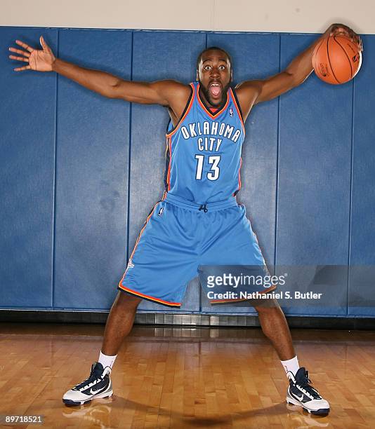 James Harden of the Oklahoma City Thunder poses during the 2009 NBA rookie portrait shoot at the MSG training facility August 9, 2009 in Tarrytown,...