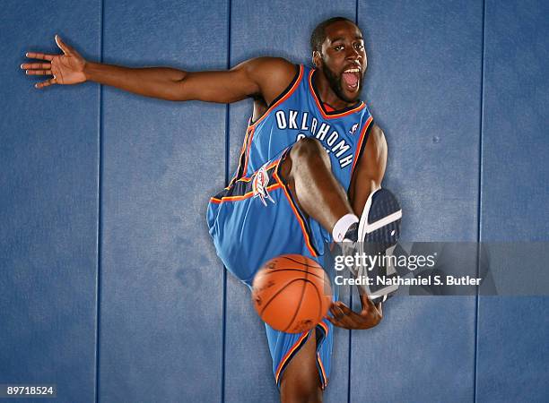 James Harden of the Oklahoma City Thunder poses during the 2009 NBA rookie portrait shoot at the MSG training facility August 9, 2009 in Tarrytown,...