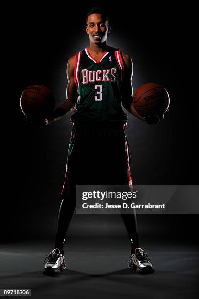 Brandon Jennings of the Milwaukee Bucks poses for a portrait during the 2009 NBA Rookie Photo Shoot on August 9, 2009 at the MSG Training Facility in...