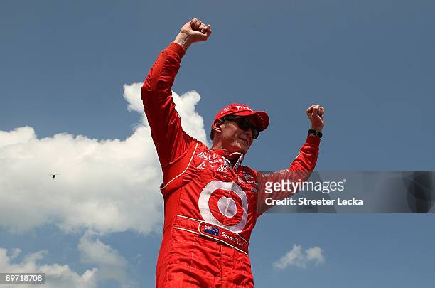 Scott Dixon, driver of the Target Chip Ganassi Racing Dallara Honda celebrates after winning the IRL IndyCar Series The Honda Indy 200 at the...