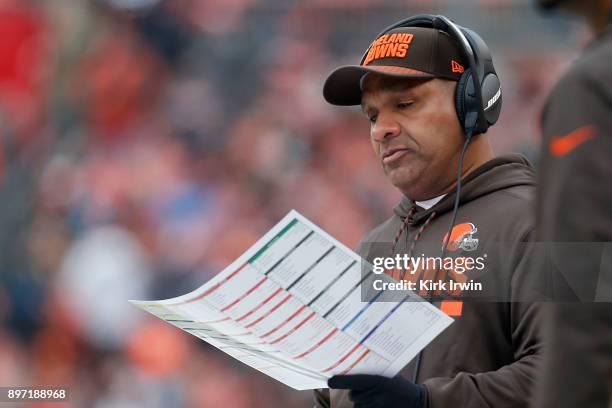 Head coach Hue Jackson of the Cleveland Browns looks for a play to call during the game against the Baltimore Ravens at FirstEnergy Stadium on...