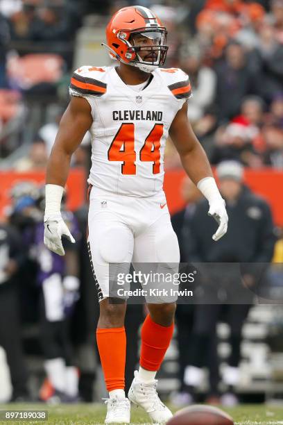 Nate Orchard of the Cleveland Browns waits for play to resume during the game against the Baltimore Ravens at FirstEnergy Stadium on December 17,...
